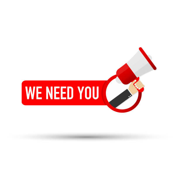 Hand holding megaphone - We need you. Hand holding megaphone - We need you. Vector stock illustration. weakness stock illustrations