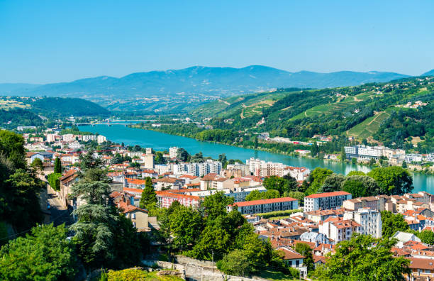 aerial panorama de vienne avec les bords du rhône en france - vienne photos et images de collection