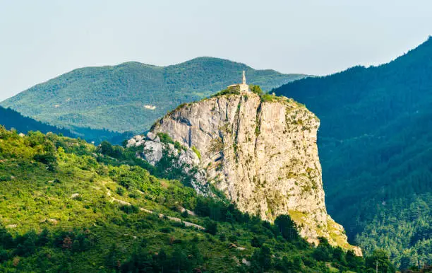View of the Rock with the Chapel of Our Lady on top. Castellane - Alpes-de-Haute-Provence, France