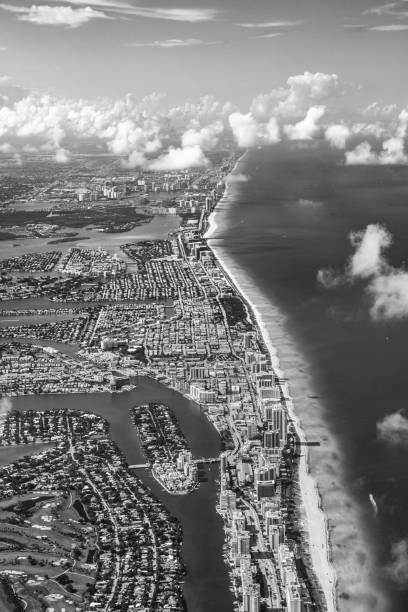 aerial oftown and beach of Miami