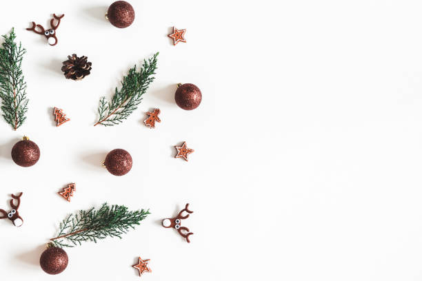 istock Christmas composition. Fir tree branches, decorations on white background. Christmas, winter, new year concept. Flat lay, top view, copy space 1071430610