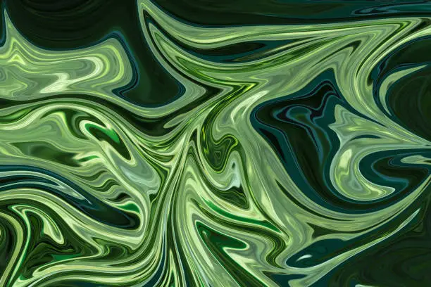 Liquify Abstract Pattern With DarkGreen, ForestGreen And OliveDrab Graphics Color Art Form. Digital Background With Liquifying Flow