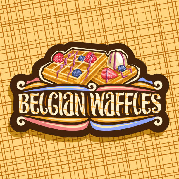 ilustraciones, imágenes clip art, dibujos animados e iconos de stock de etiqueta de vectores para waffles belgas - gourmet waffle raspberry berry fruit