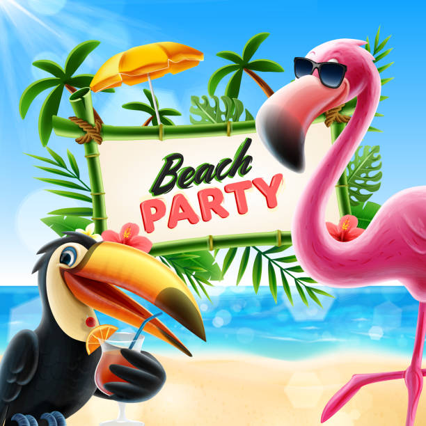 ilustraciones, imágenes clip art, dibujos animados e iconos de stock de fiesta en la playa - tropical climate audio