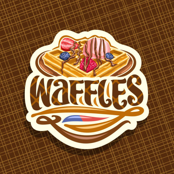 etykieta wektorowa dla belgijskich gofrów - waffle breakfast syrup plate stock illustrations