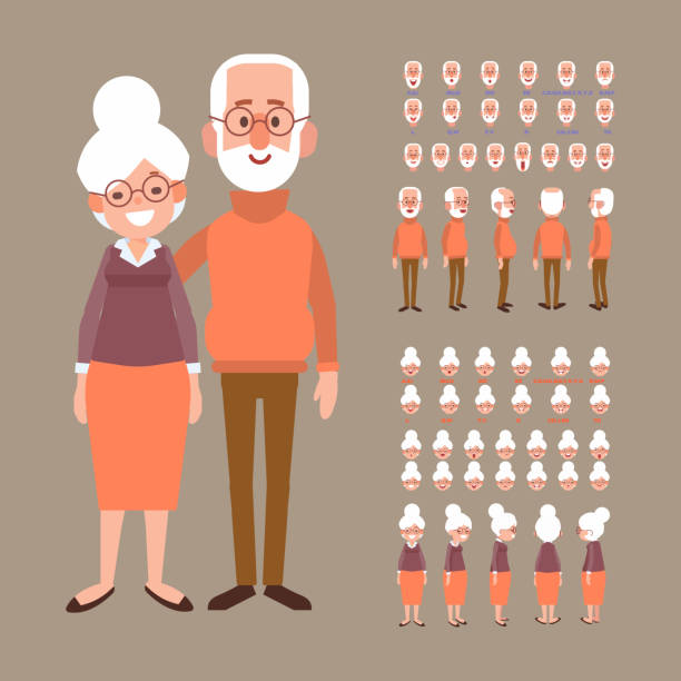 Elderly man and woman creation set with various views, face emotions, poses. Grandmother and grandfather,couple Front, side, back, 3/4 view animated characters. Separate body parts. Cartoon style, flat vector illustration. old person cartoon stock illustrations