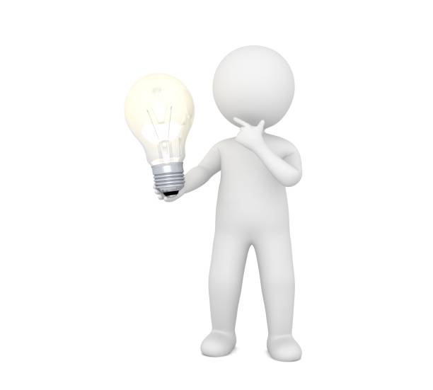 ideas man 3d light bulb glowing thinking planning stick figure brainstorming person