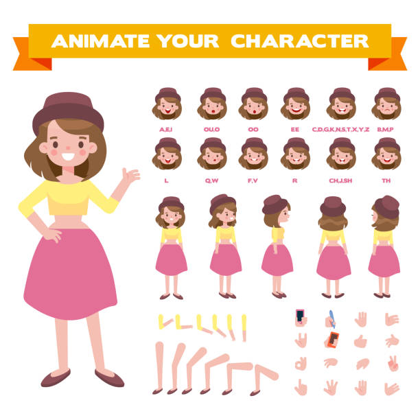 ilustrações de stock, clip art, desenhos animados e ícones de young girl in hat creation set with various views, face emotions, poses and gestures. - girl5
