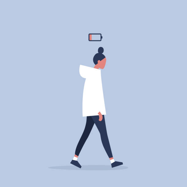 low battery conceptual illustration. young female exhausted character. Modern urban life / flat editable vector illustration low battery conceptual illustration. young female exhausted character. Modern urban life / flat editable vector illustration low quality of life stock illustrations