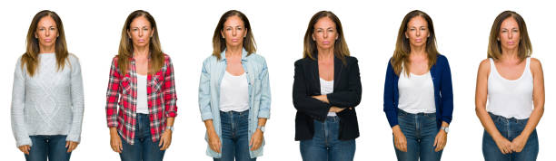 istock Collage of beautiful middle age woman over white isolated background with serious expression on face. Simple and natural looking at the camera. 1071459072
