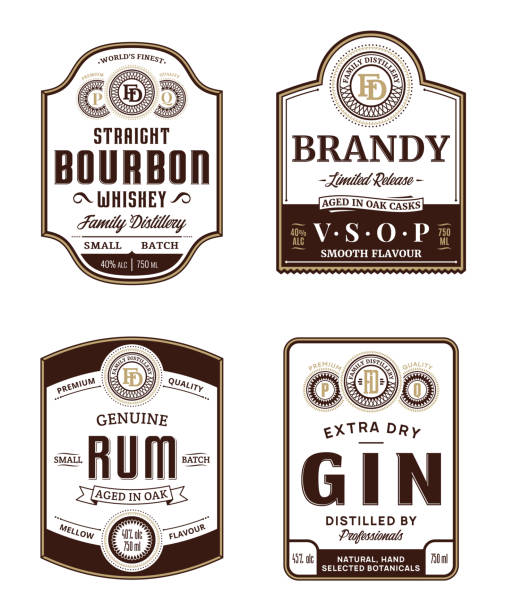 Alcoholic drinks vintage labels Alcoholic drinks vintage labels and packaging design templates. Bourbon, brandy, rum and gin labels. Distilling business branding and identity design elements. gin label stock illustrations