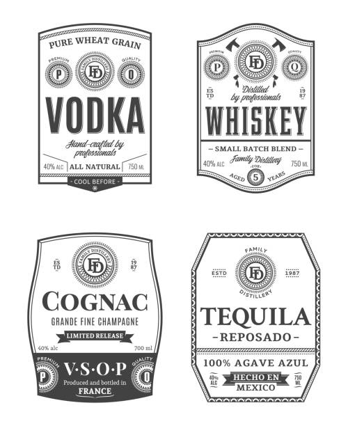 illustrazioni stock, clip art, cartoni animati e icone di tendenza di etichette vintage per bevande alcoliche - vodka