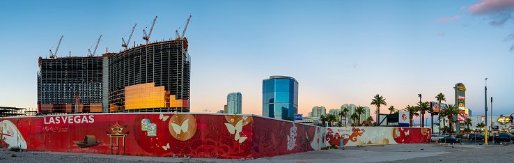 Las Vegas, Nevada, USA - November 22, 2018: Panoramic view of Resort World Las Vegas casino under construction. Located on Las Vegas Blvd next to Encore and Wynn hotel. Once completed in 2020, it will have 6583 rooms.