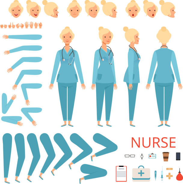 ilustrações de stock, clip art, desenhos animados e ícones de nurse animation character. hospital female doctor body parts and professional items vector mascot creation kit - medical animation