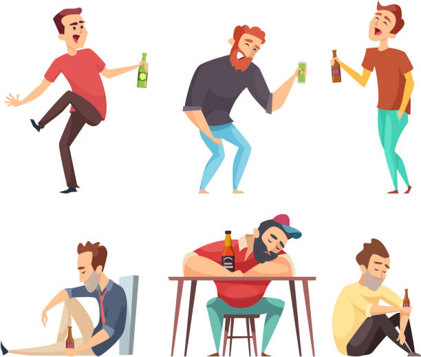 Addiction alcoholic. Addict peoples alcoholism and drugs drinking person beer vodka whiskey abuse vector characters isolated Addiction alcoholic. Addict peoples alcoholism and drugs drinking person beer vodka whiskey abuse vector characters isolated. Alcoholic man addict, person with drink illustration alcohol drink stock illustrations