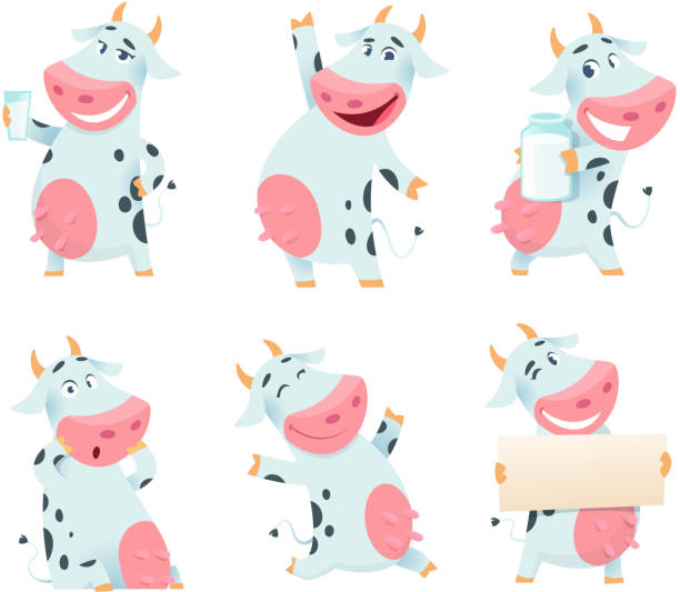 milch kuh tier. bauernhof zeichentrickfigur essen und posiert kühe maskottchen isoliert - animal cartoon characters cheerful stock-grafiken, -clipart, -cartoons und -symbole