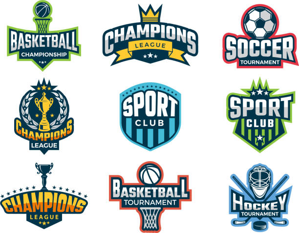 ilustrações de stock, clip art, desenhos animados e ícones de sport logos. emblem of college team cup competitions athlete recreation labels and vector badges isolated - sports league