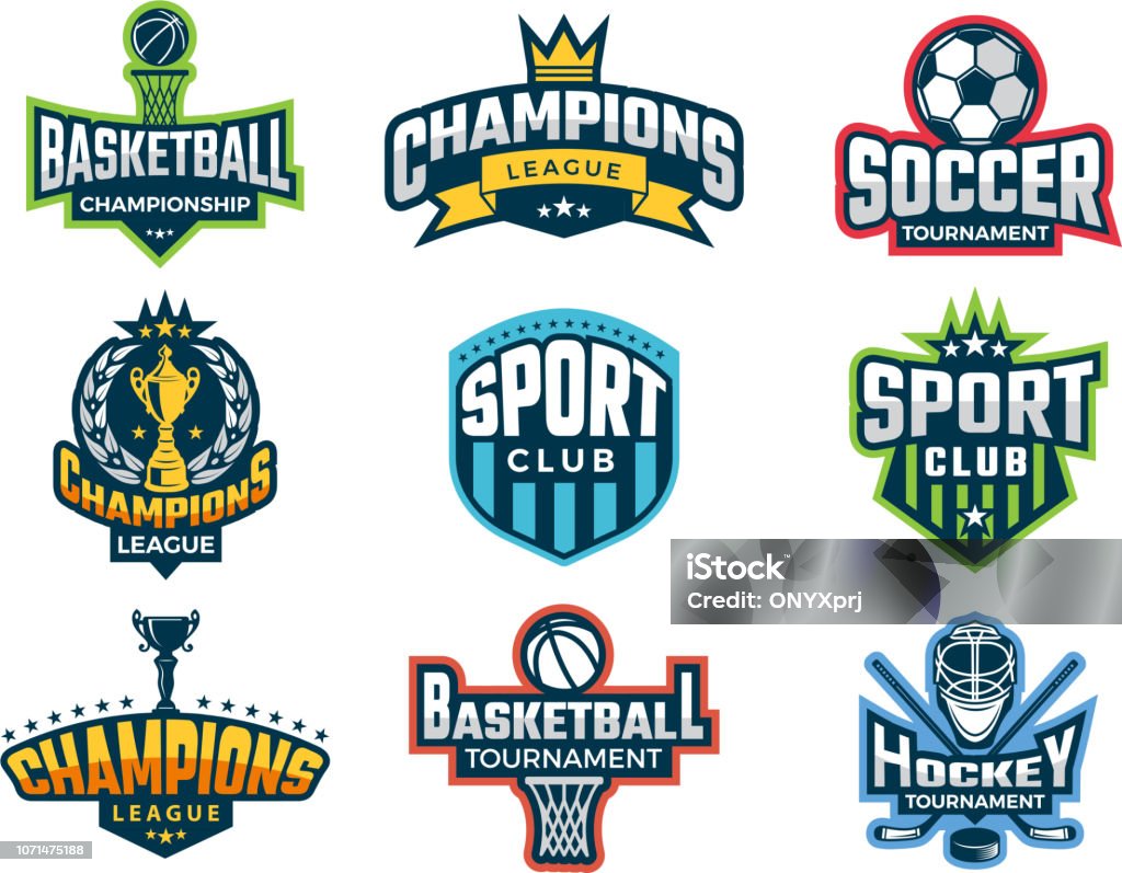 Sport logos. Emblem of college team cup competitions athlete recreation labels and vector badges isolated Sport logos. Emblem of college team cup competitions athlete recreation labels and vector badges isolated. Illustration of college sport team, game cup badge or emblem Logo stock vector