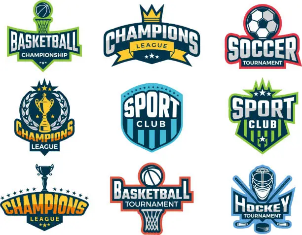 Vector illustration of Sport logos. Emblem of college team cup competitions athlete recreation labels and vector badges isolated