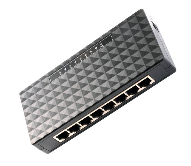 istock black 8 Port Plastic Ethernet Switch isolated on white background at dry day 1071478002