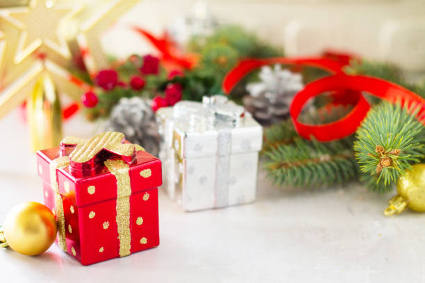istock Christmas card with Christmas Spruce, Decor and Present. Copy space. 1071486604