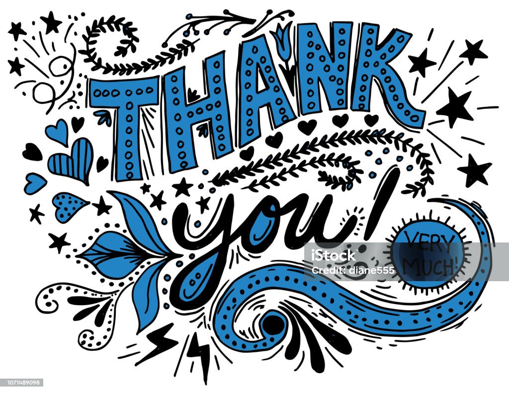 Thank You Hand Drawn Typography Hand Drawn Doodled Text "Thank You" with lots of doodled design elements Gratitude stock vector
