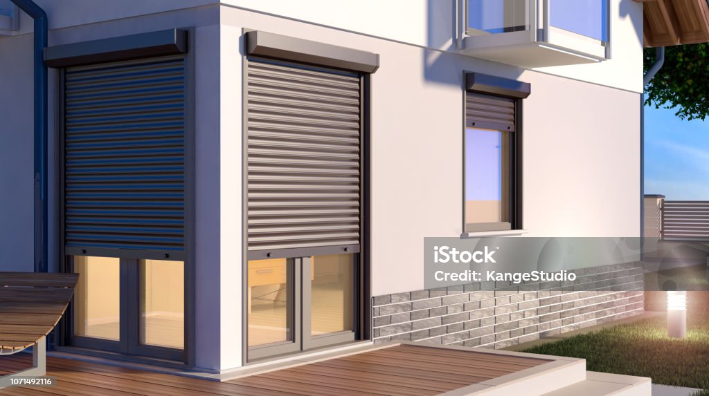 Window roller shutters blinds and house, 3D illustration Window Blinds Stock Photo