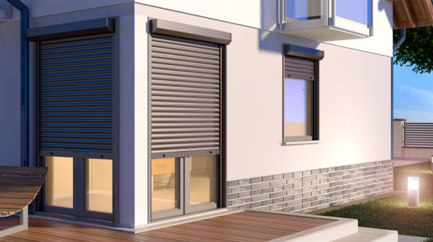 Window roller shutters blinds and house, 3D illustration shutter stock pictures, royalty-free photos & images