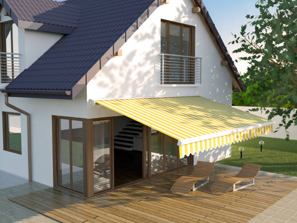 House and Awning - white background 3d illustration awning stock pictures, royalty-free photos & images