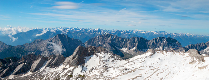 Panoramic view to Allgau or Allgaeu Alps. First snow in Zugspitze arena. Bavaria, Germany.