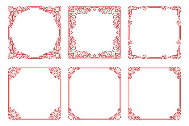 Vector illustration of Vector set of red square frames  in linear  art deco style