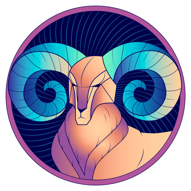 Aries with blue horns zodiac sign horoscope vector Aries zodiac sign, astrological, horoscope symbol. Futuristic style icon. Stylized graphic portrait of the stately, proud male sheep with blue big twisted horns. Ram looking to the side. Vector art. aries stock illustrations