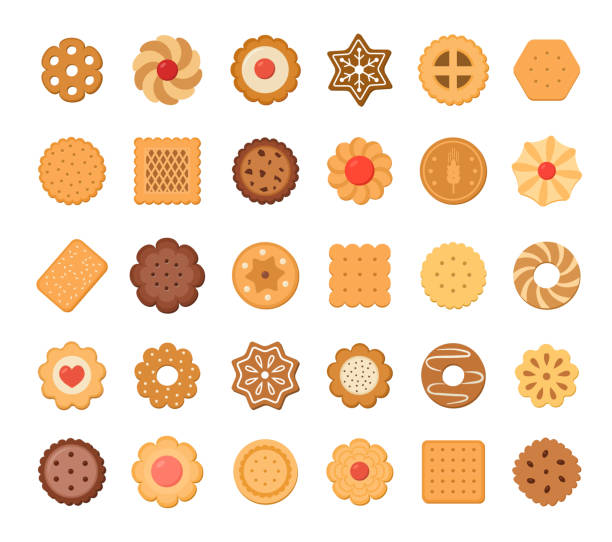 große reihe von plätzchen und kekse. isoliert auf weißem hintergrund. - shortbread caramel chocolate candy biscuit stock-grafiken, -clipart, -cartoons und -symbole