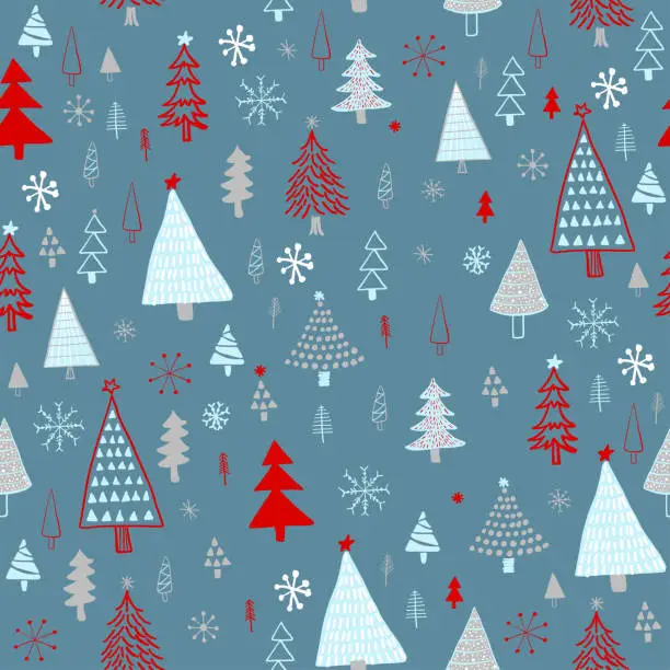Vector illustration of Hand Drawn Christmas/Holiday Trees Pattern. Blue, Gray, Red Christmas Trees, seamless pattern. Forest background. Childish texture for fabric, textile.