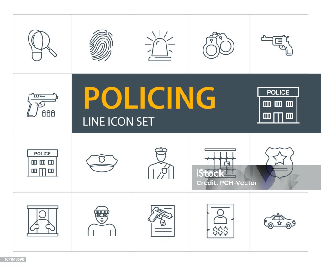 Policing line icon set Policing line icon set. Policeman, gun, prison. Law concept. Can be used for topics like justice, punishment, investigation Breaking stock vector