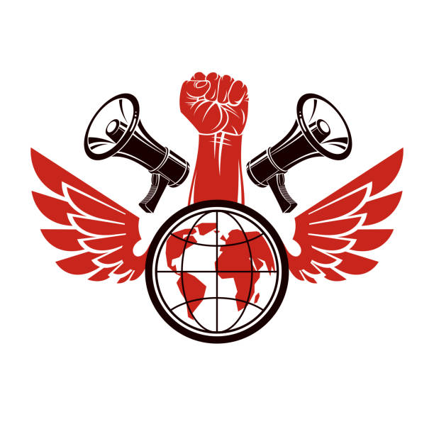 Decorative vector emblem composed with muscular raised clenched fist holding globe, liberty wings and megaphones. Global authority as the means of political and social influence. Decorative vector emblem composed with muscular raised clenched fist holding globe, liberty wings and megaphones. Global authority as the means of political and social influence. global populism stock illustrations