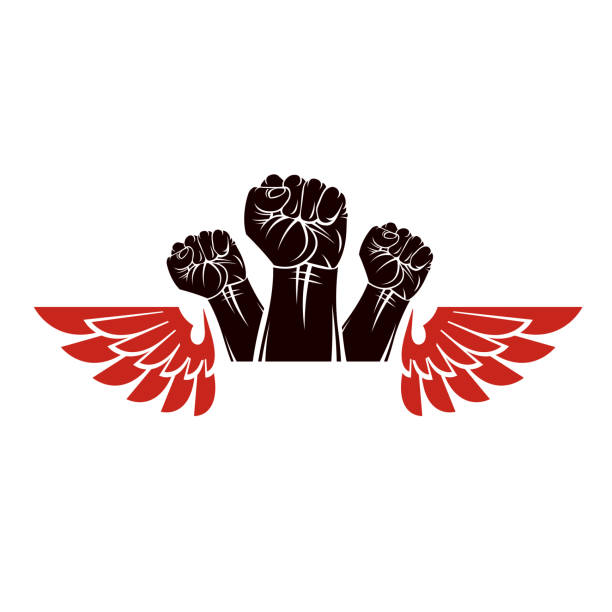 istock Winged clenched fists of angry people vector emblem. People demonstration, fighting for their rights and freedom. 1071517742