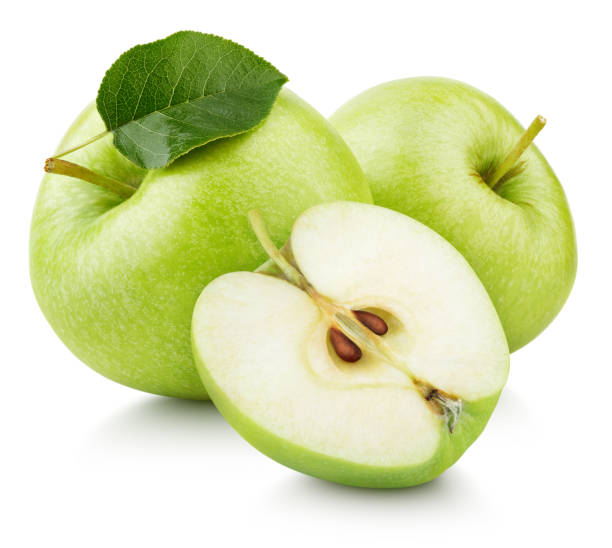 istock Green apple fruit with half and green leaf isolated on white 1071536220