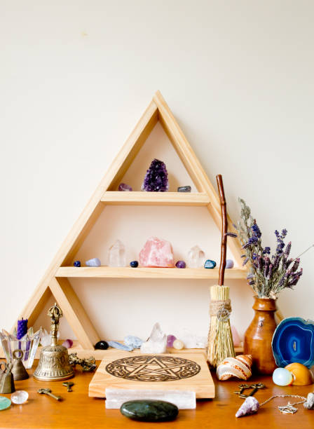 istock Pagan Altar with crystals, pentacle, besom and herbs 1071555148