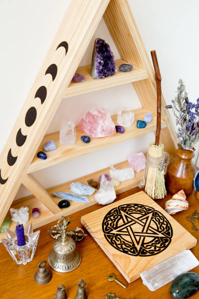 istock Witch's Altar with dried herbs, crystals, pentacle 1071555246