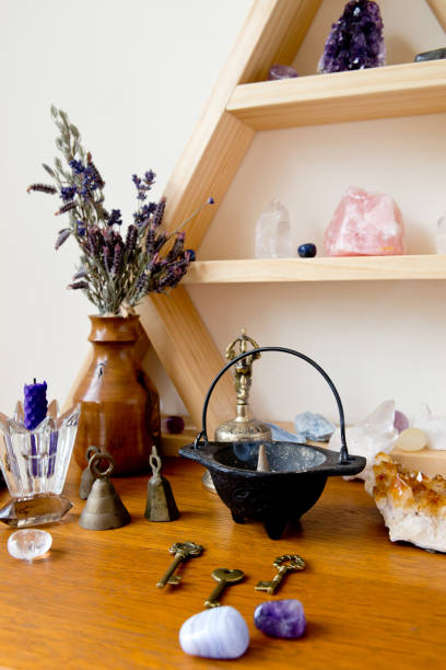 istock Incense burning in mini cauldron on Witch's altar 1071555328
