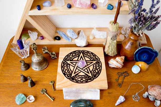 istock Witch's Altar with dried herbs, crystals, pentacle 1071555370