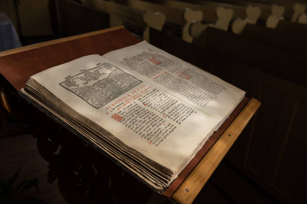 istock Old Cyrillic Manuscript on Church Pulpit 1071557234