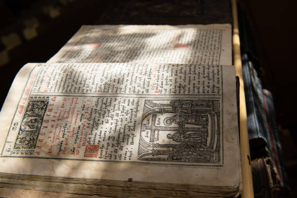 istock Old Cyrillic Manuscript on Church Pulpit 1071557400