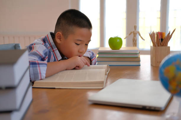 istock little asian kid boy child children studying reading book. 1071574004