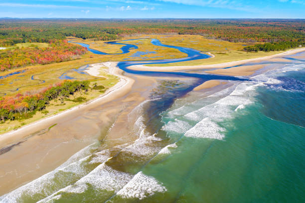 Aerial view of Little River estuary Aerial view of Little River estuary in Wells Estuarine Reserve, Maine estuary photos stock pictures, royalty-free photos & images