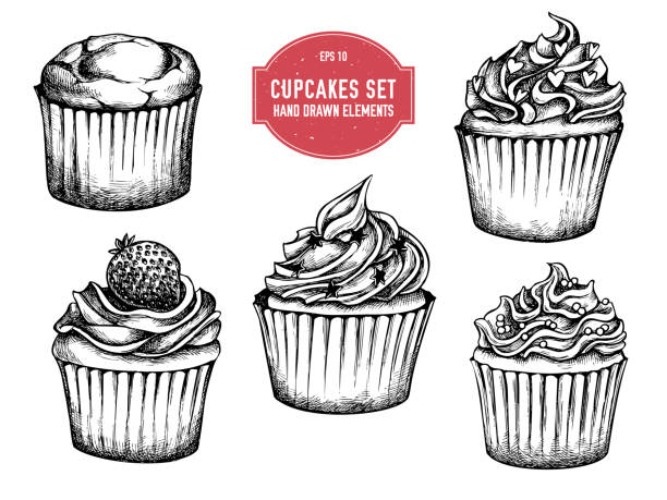 vektor-sammlung von hand gezeichnete cupcakes - muffin stock-grafiken, -clipart, -cartoons und -symbole