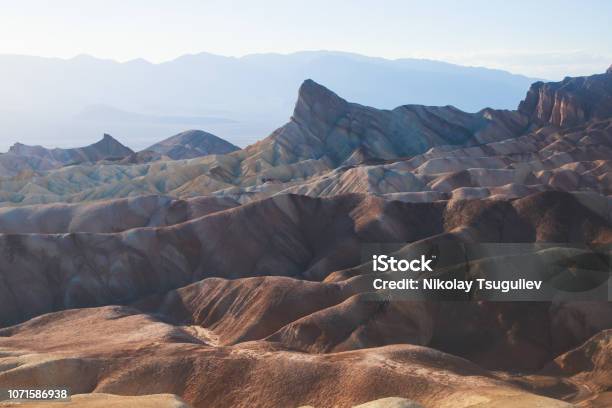 Vibrant Panoramic Summer View Of Zabriskie Point Badlands In Death Valley National Park Death Valley Inyo County California Usa Stock Photo - Download Image Now