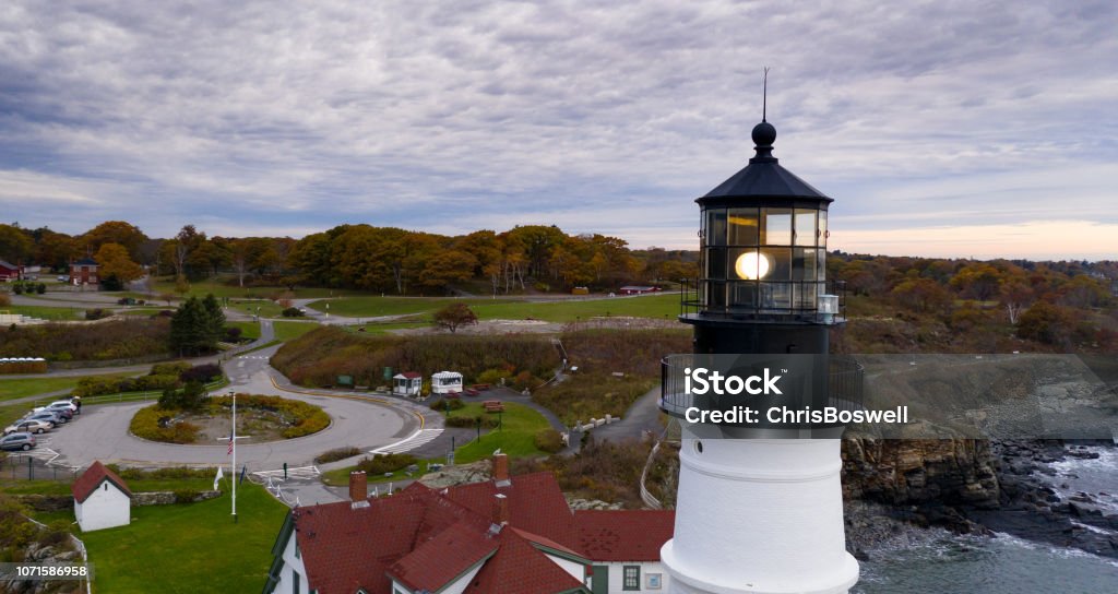 Famous Portland Head Light Atlantic Coast Lighthouse Aerial view Portland Head Lighthouse tower State of Maine Cape Elizabeth Stock Photo