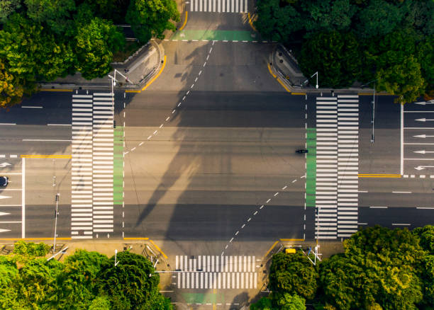 Aerial view a crosswalk Aerial view a crosswalk, road, street, high angle view aerial view of seoul south korea capital city stock pictures, royalty-free photos & images